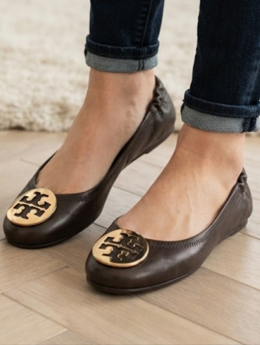 Tory Burch Brown Leather Minnie Travel Ballet Flats Gold Logo Medallions SZ 7.5